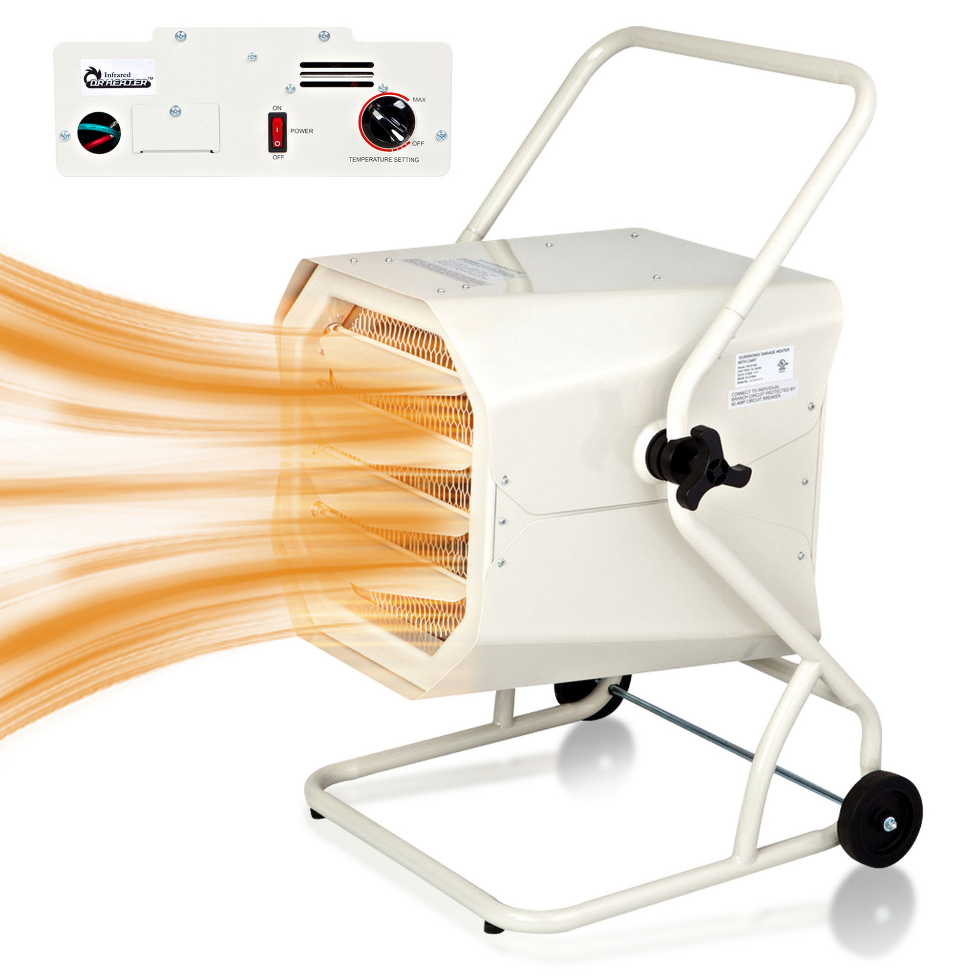 Dr. Infrared Heater, 10000W 240V Hardwired Shop Garage Heater with Cart, Heat Output 34130 Btu/hour, Heating Capability 300 ft², Model# DR-910M